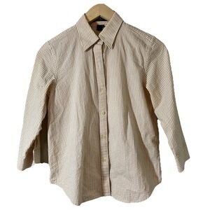 Lauren Ralph Lauren Button Up Beige White Striped Seersucker Blouse Petite M